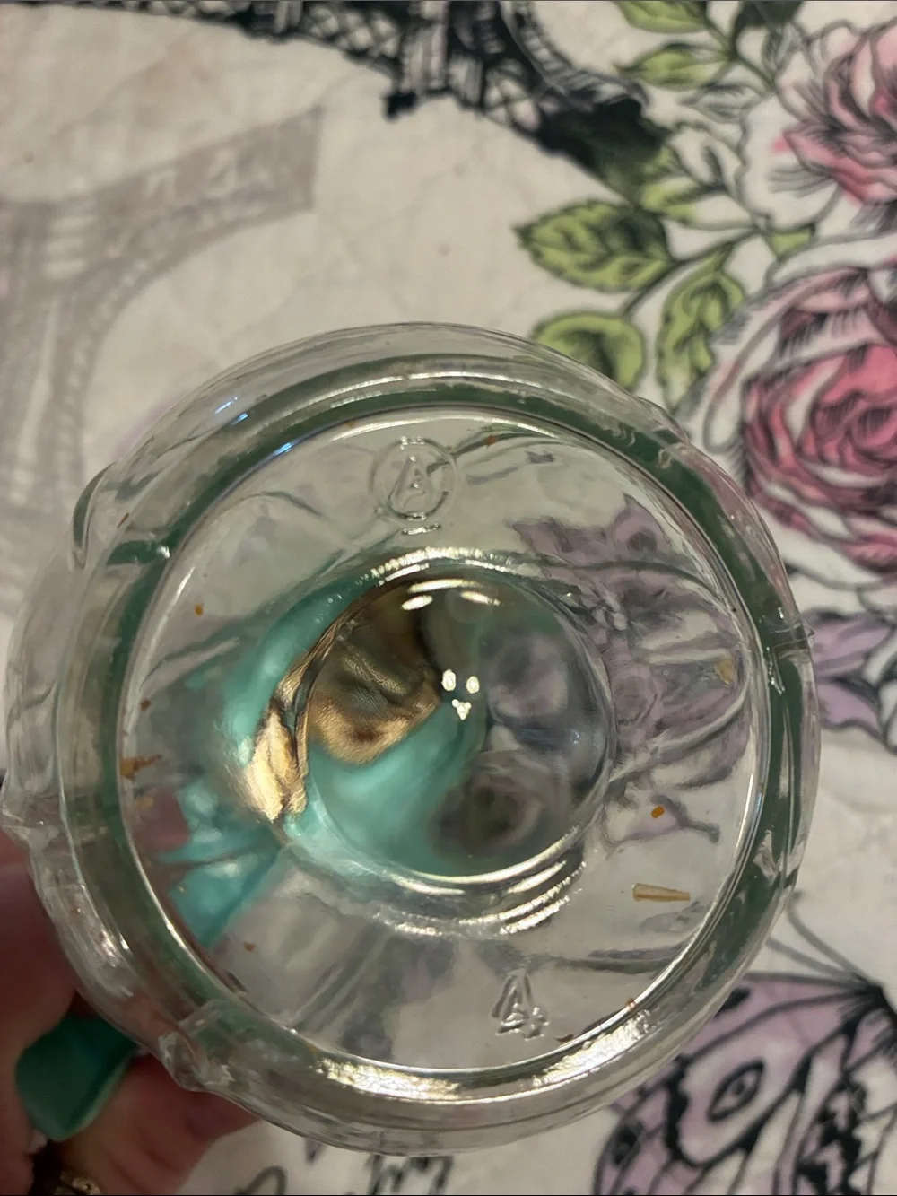 Vintage Glass Honey/Syrup - Dispenser with Mint Green Lid